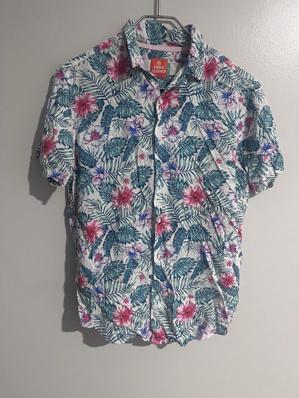 Free Planet Shirt Mens M Multicolor Short Sleeve Button-Up Floral Rayon